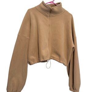 Tan Women's Soft Jacket Fleece Warm Zip Up size medium Minimalist Boho Trendy